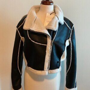 NWT Stylish B.Coature Faux Leather and Sherpa-Lined Jacket - Size M, Black/Cream